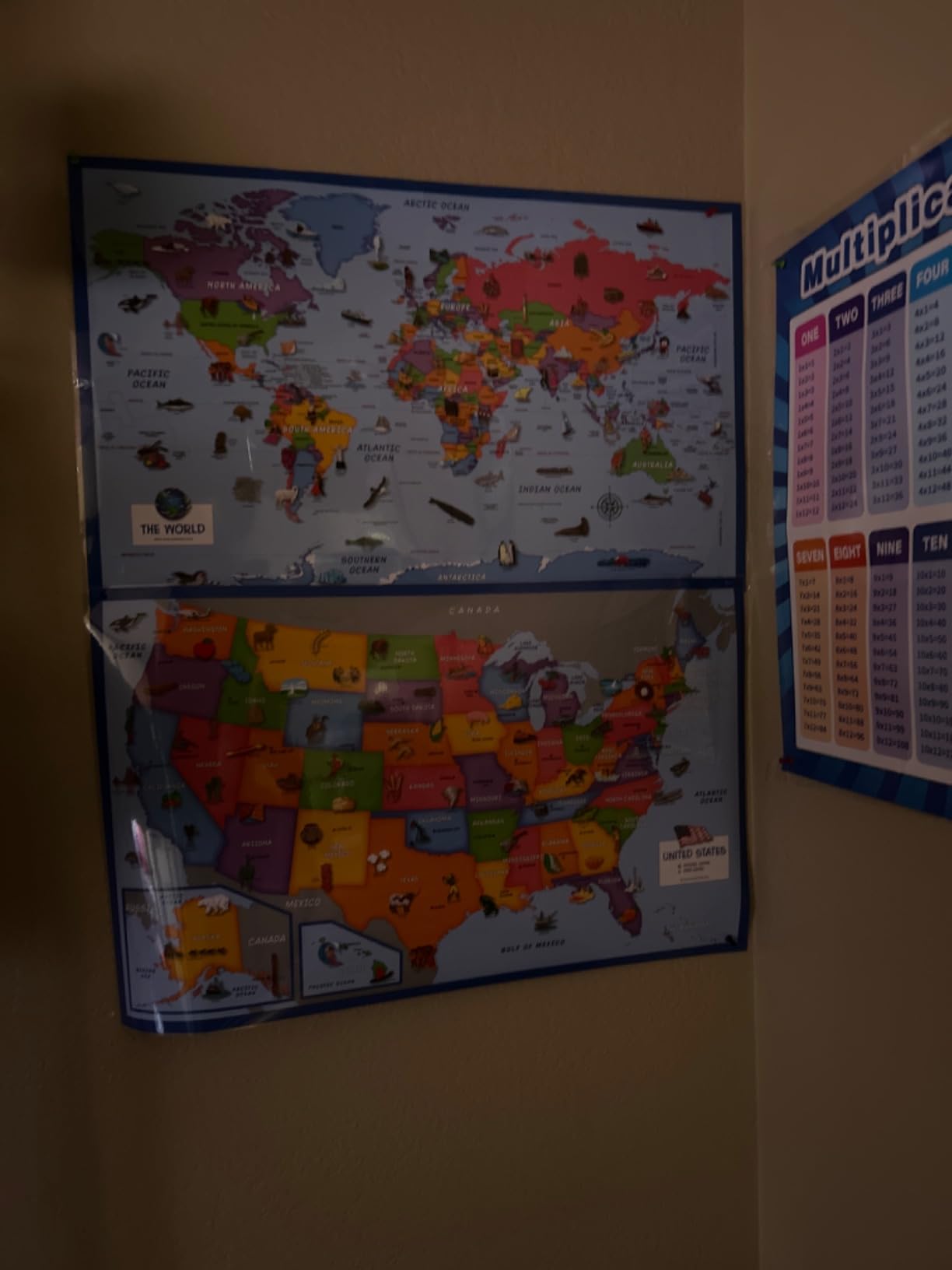 2 Pack - World & USA Map for Kids [Illustrated] - 2 Poster Set (LAMINATED, 18