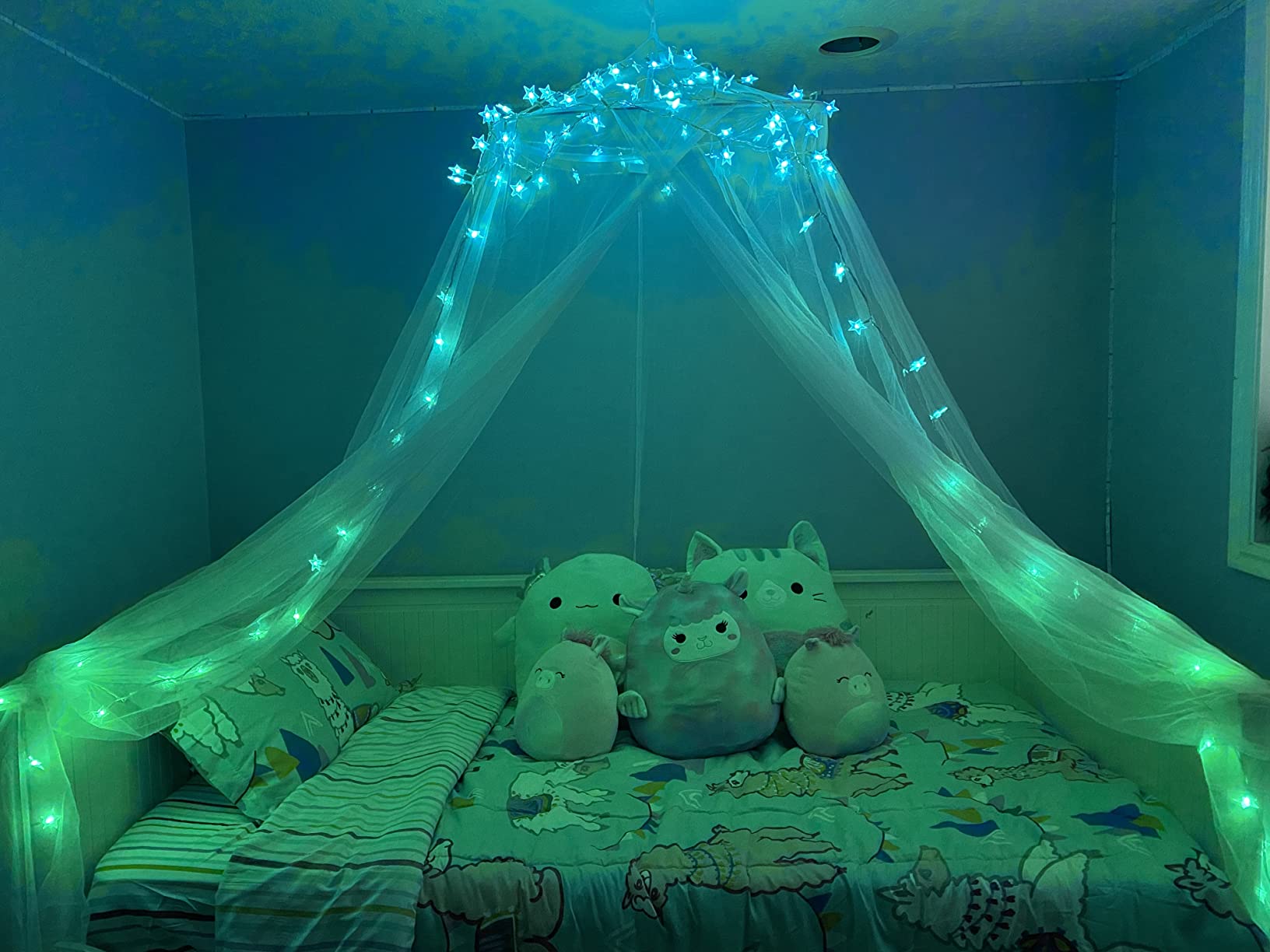 Obrecis Bed Canopy with LED Star Lights, Princess Canopy Bed Curtain with 18 Colors Changing String Lights Remote Timer for Girls Bedroom, Pink Red Blue White Dome Canopy for Twin to King Size Bed customer photo 1