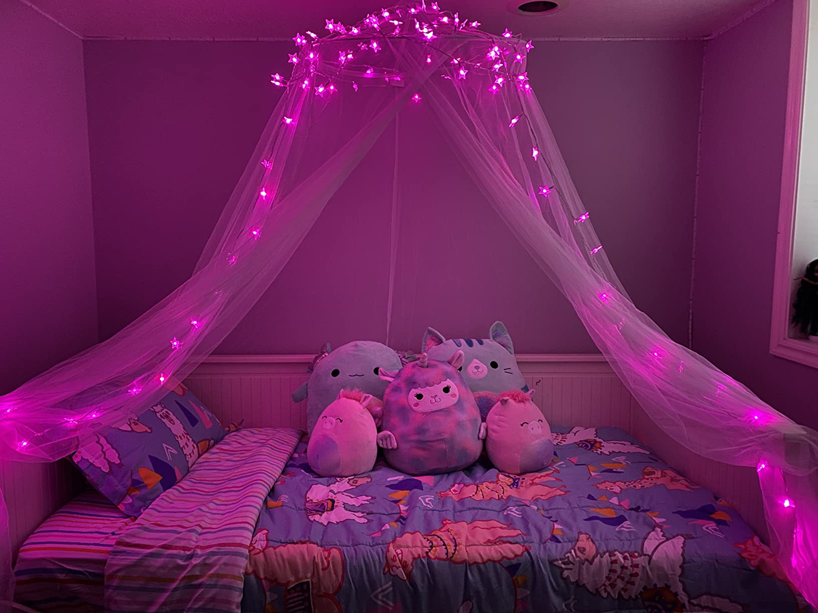 Obrecis Bed Canopy with LED Star Lights, Princess Canopy Bed Curtain with 18 Colors Changing String Lights Remote Timer for Girls Bedroom, Pink Red Blue White Dome Canopy for Twin to King Size Bed customer photo 2