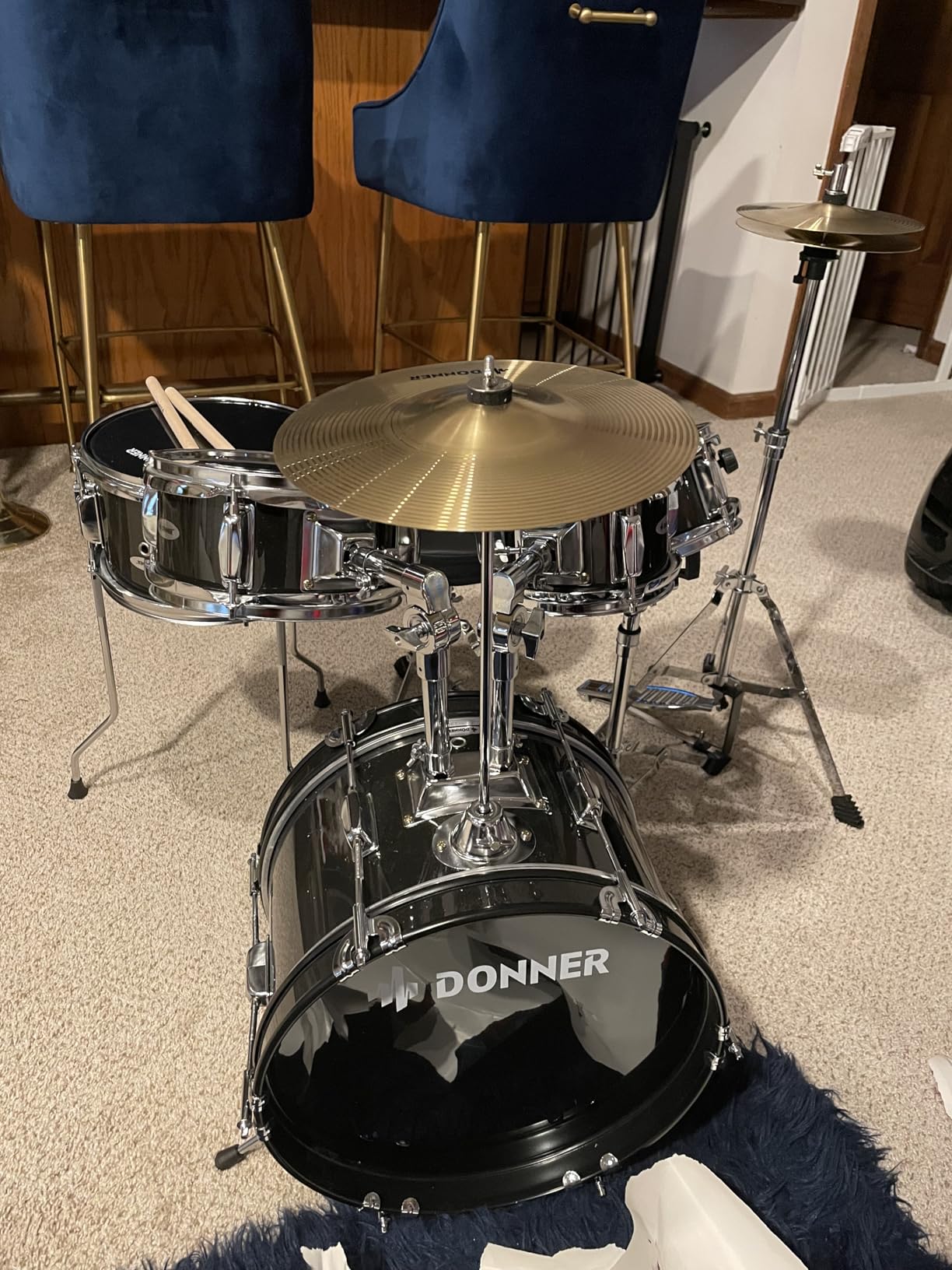 Kids Drum Sets - Donner 5-Piece for Beginners, 14 inch Junior Drum Kit, with Adjustable Throne, Cymbal, Hi-Hat, Pedal & Drumstick, Present for Child - Blue customer photo 1