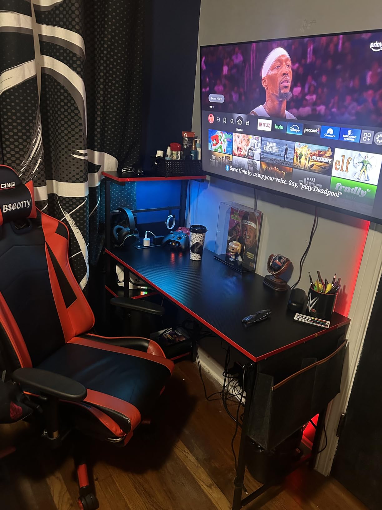 Bestier Gaming Desk with LED Lights, 44 Inch PC Gamer Desk for Small Spaces, Computer Desk with Reversible Storage Shelves & Side Storage Bag (Black 3D Carbon Fiber) customer photo 2
