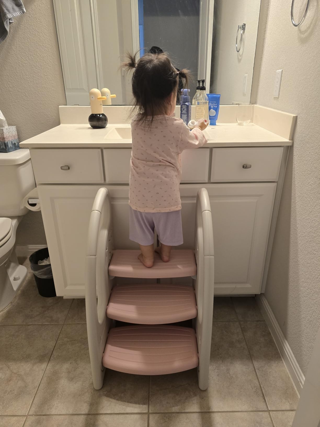 Toddler 3 Step Stool Onasti Kids Standing Tower for Toddlers Plastic Learning Helper Stool for Kitchen Counter Bathroom Sink Toilet Potty Training with Handles and Non-Slip Pads-Grey White customer photo 1