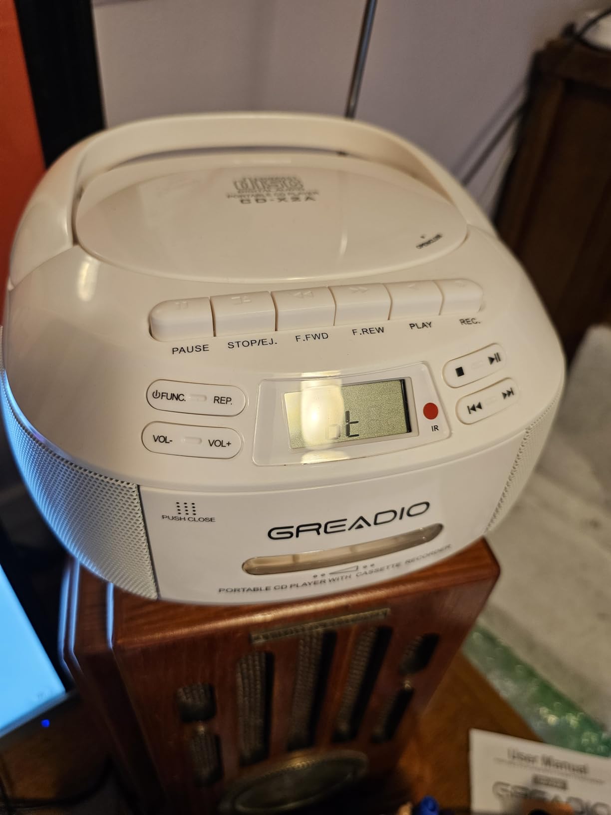 Greadio CD Player Boombox Cassette Player Combo with Bluetooth, AM/FM Radio, Stereo Sound with Remote Control, AUX/USB Drive, Tape Recording, AC/DC Powered, Headphone Jack, LCD Display for Home, Kids, Gift customer photo 1