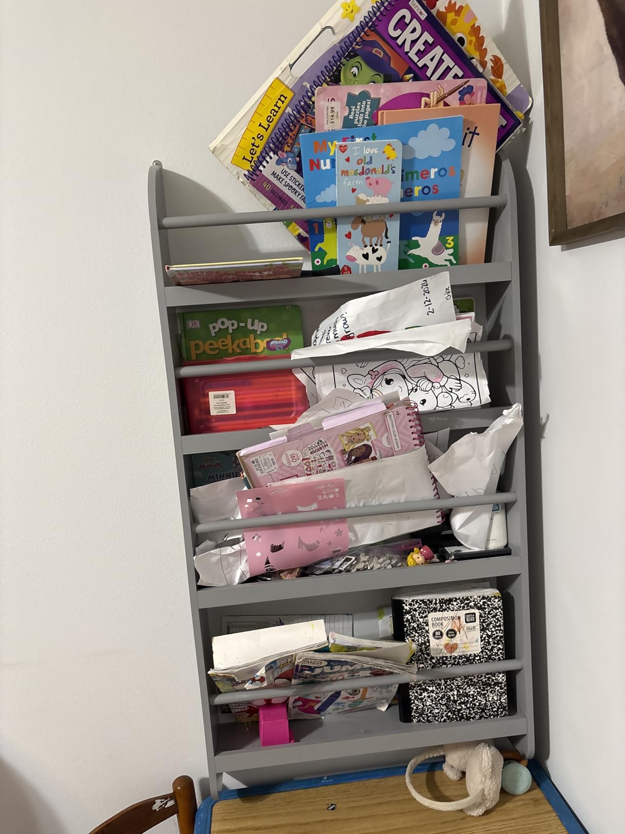 FOTOSOK Kids Bookshelf, Wall Mount 4-Tier Book Shelf Organizer for Toys and Books, Toy Storage Bookshelf in Bedroom, Living Room and Nursery, White customer photo 1