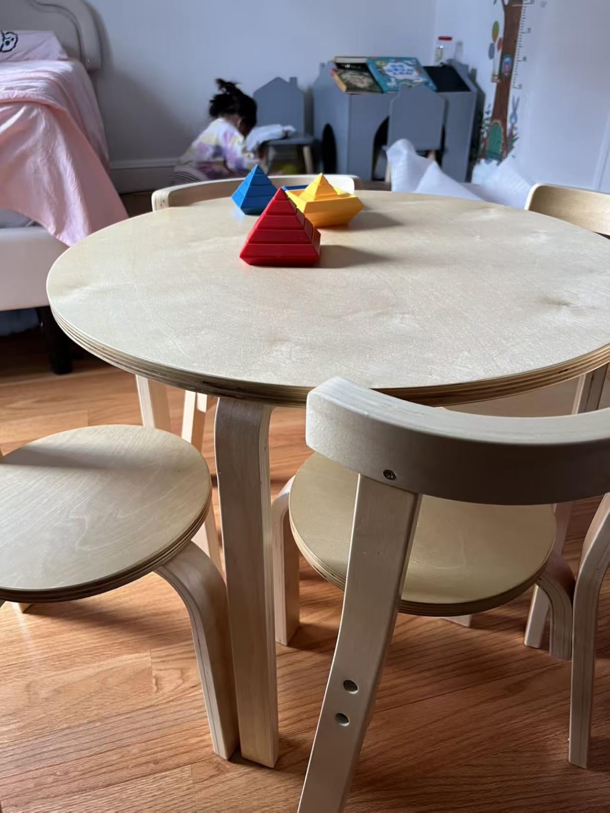 Costzon Kids Table and Chair Set, 5-Piece Wooden Activity Desk Set w/Toy Bricks, Classroom Playroom Daycare Furniture for Playing, Drawing, Reading, Bentwood Toddler Table and Chairs (Natural) customer photo 2