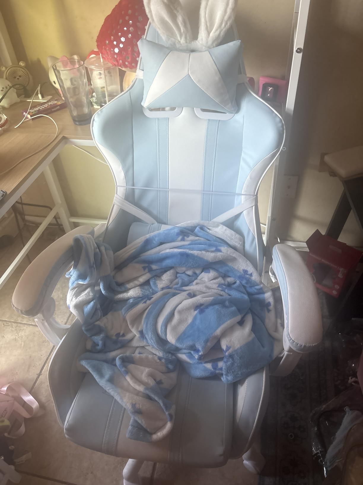 Ferghana Kawaii Light Blue Gaming Chair with Bunny Ears, Ergonomic Cute Gamer Chair with Footrest and Massage, Racing Reclining Leather Computer Game Chair 250lbs for Girls Adults Teens Kids customer photo 2