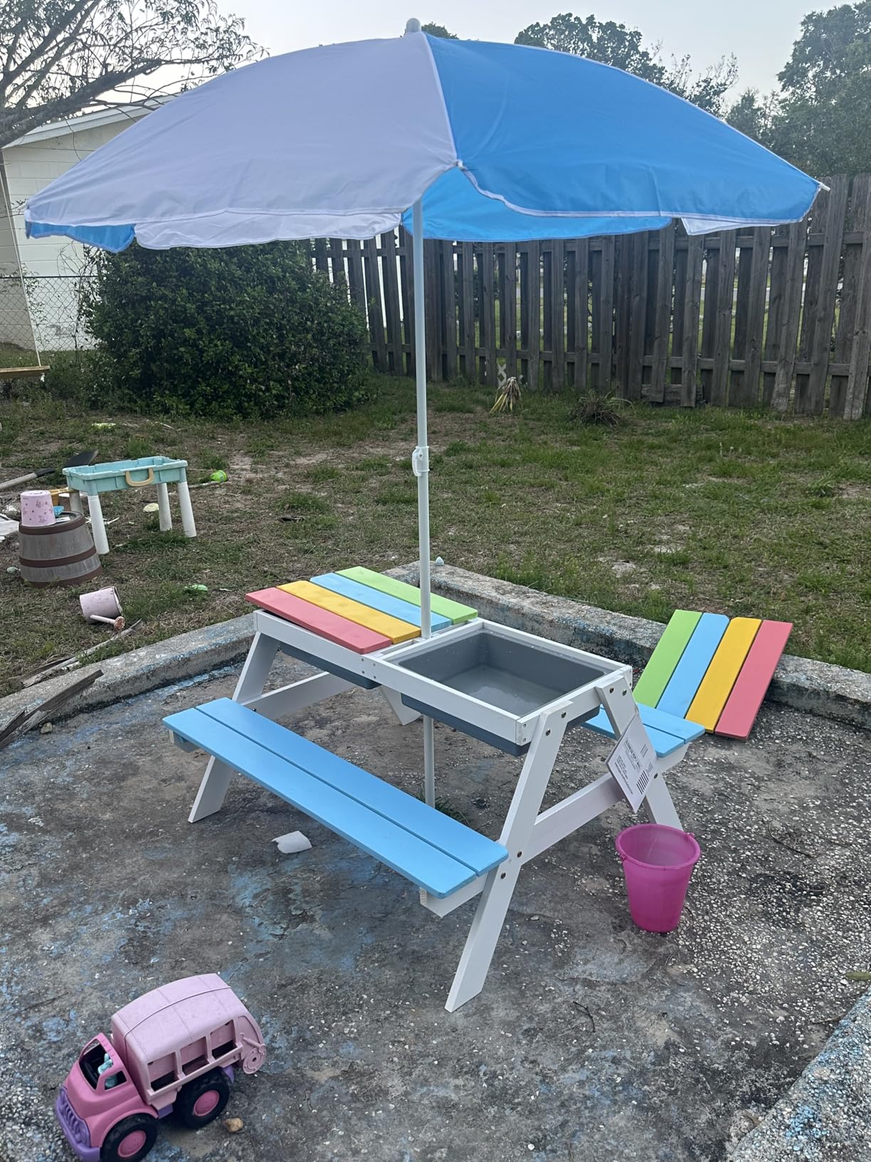 HONEY JOY Kids Picnic Table, 4 in 1 Cedar Wooden Sand & Water Table w/ 2 Removable Box & Umbrella, Kids Picnic Tables for Outdoors Backyard Garden, Toddler Patio Furniture Set for Boys Girls(Colorful) customer photo 1