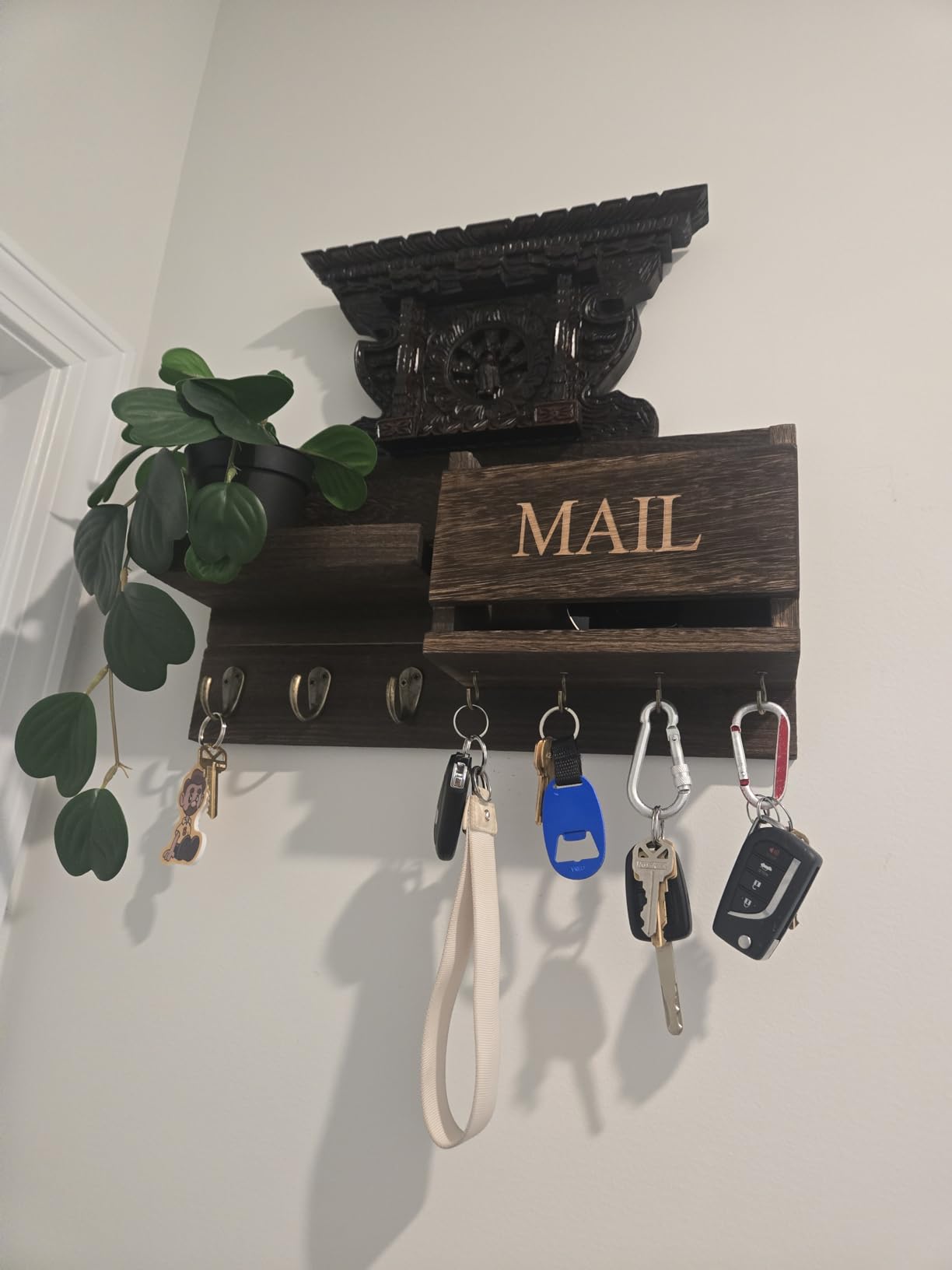 Lwenki Mail Organizer for Wall Mount - Key Holder with Shelf Includes Letter Holder and Hooks for Hallway Farmhouse Decor - Rustic Wood with Flush Mounting Hardware (16.5