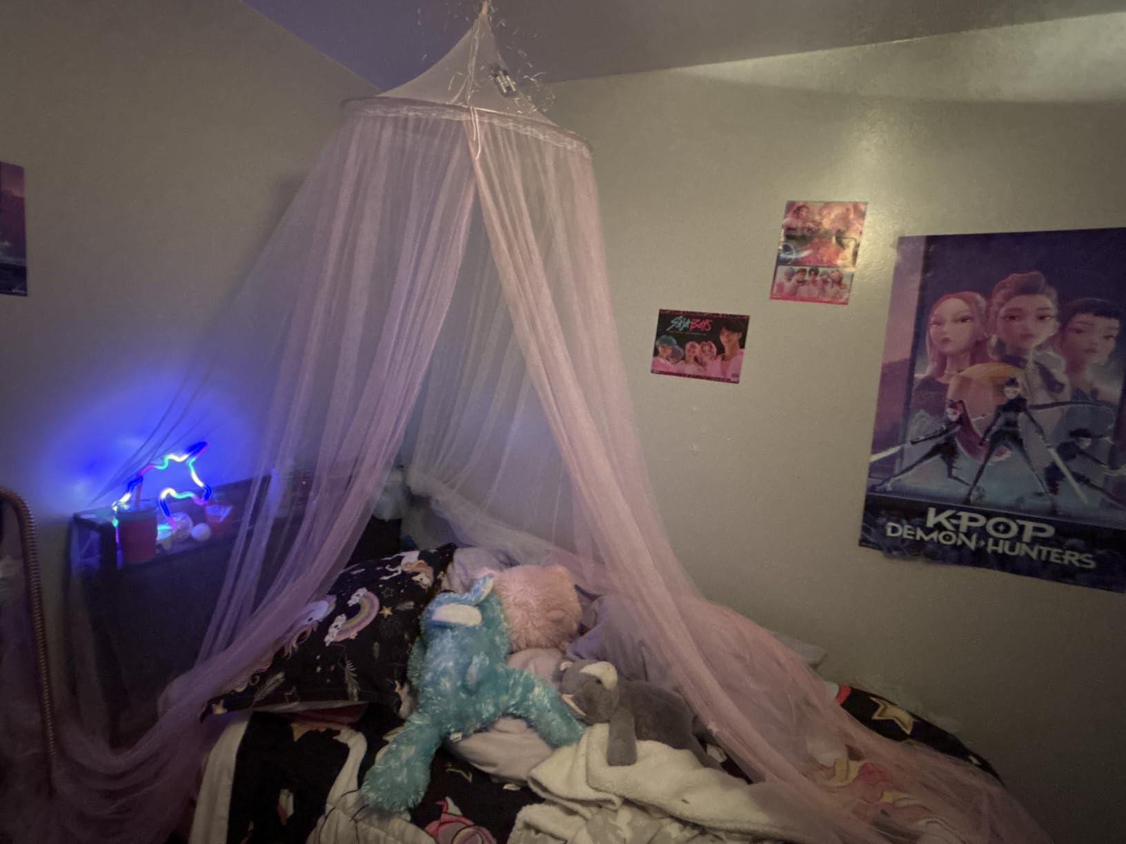 FIOBEE Bed Canopy for Girls Room Bed Canopy Curtains with Led Lights Mosquito Net DIY Princess Room Decor with Stars Butterflies for Kids Bedroom, Hot Pink customer photo 1