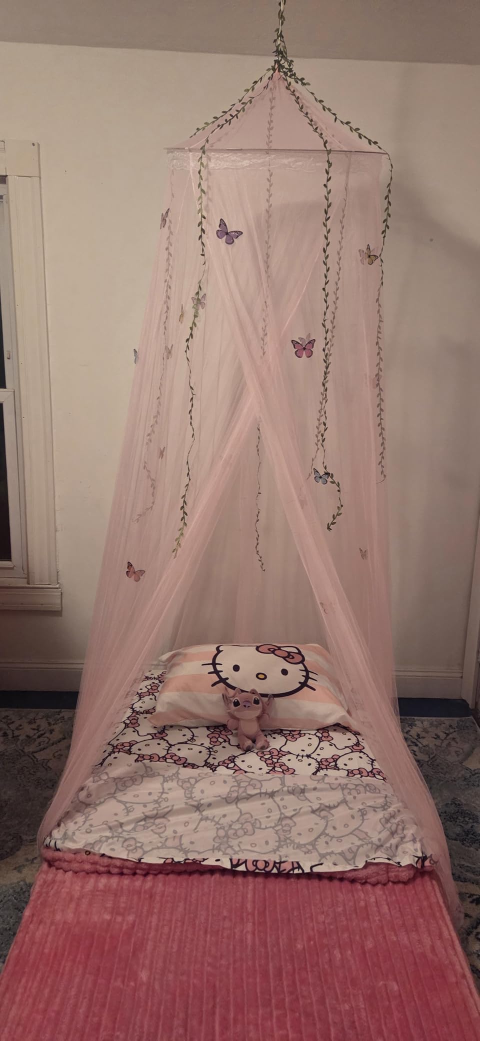 FIOBEE Bed Canopy for Girls Room Bed Canopy Curtains with Led Lights Mosquito Net DIY Princess Room Decor with Stars Butterflies for Kids Bedroom, Hot Pink customer photo 2