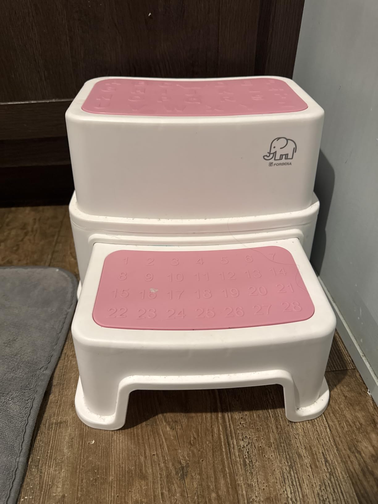 Forbena Toddler Step Stool for Bathroom Sink, 2 Step Stool for Kids Toilet Potty Training, Non-Slip Toddlers Baby Child Kid Plastic Poop Stools with Handle for Kitchen Counter Bed (White-Grey) customer photo 2