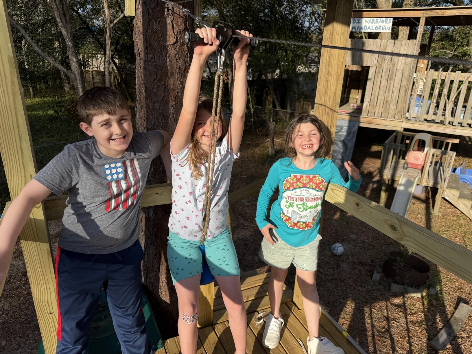 Zip Line Kit for Kids and Adults, 100/120/150/200 ft, Up to 350 Lbs, Removable Trolley, Rustproof Stainless Steel, Quick Setup with Ratchet, Safety Harness, Backyard Adventure Fun W/Climbing Holds customer photo 2