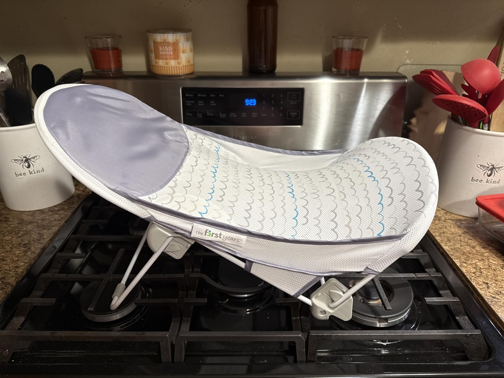 The First Years Sure Comfort Folding Baby Bather - Foldable Baby Bath Seat and Lounger for Home or On the Go - for Sink or Tub Use - Non-Slip Seat - For Up to 15 Lbs customer photo 1