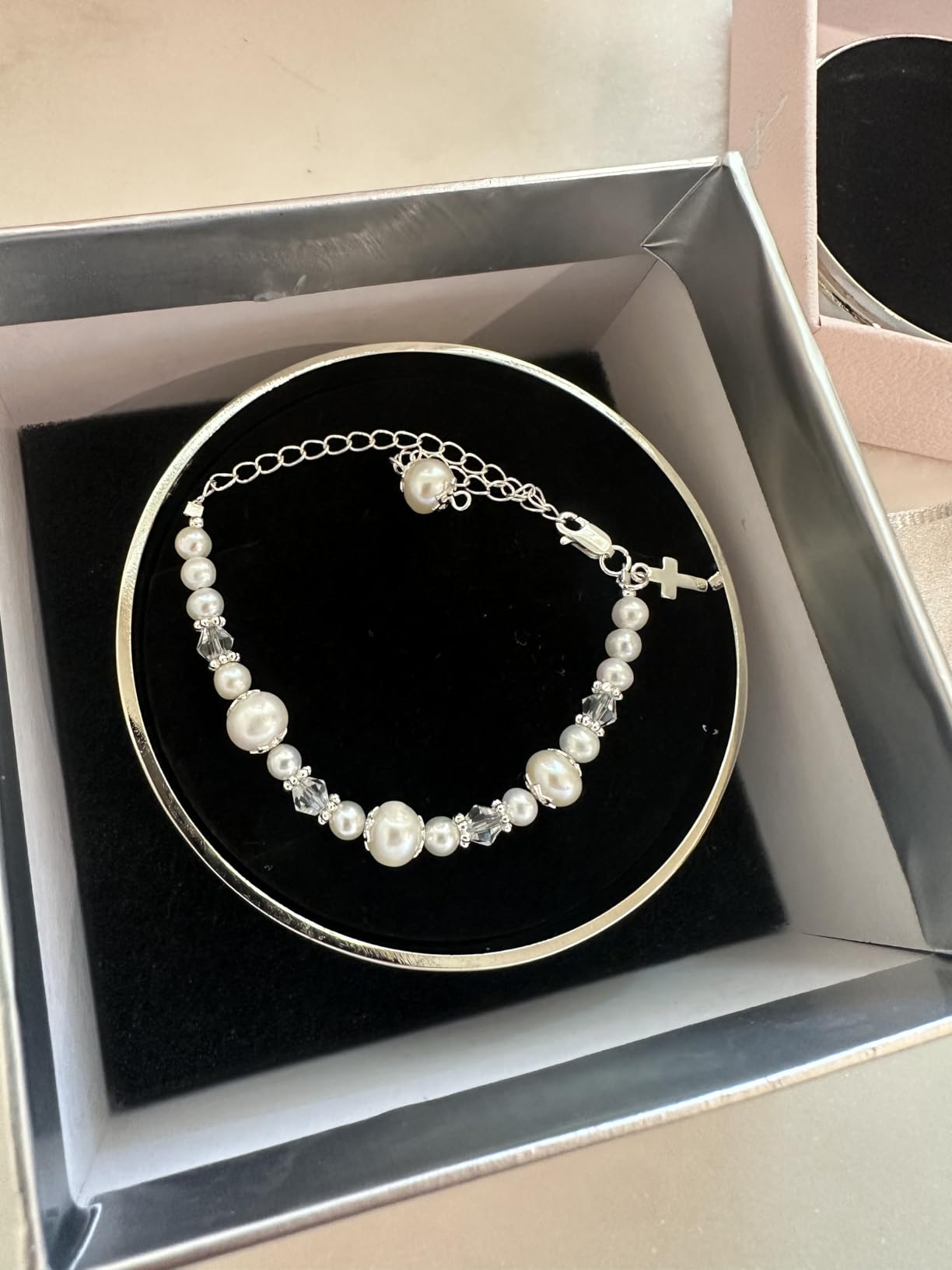 Tryuunion Baptism Bracelet in 925 Sterling Silver and Cultured Pearls for Baby Girls, Comes with a Unique Silver-plated Jewelry Keepsake Box, Christening and Baptism Gifts For Girl, Includes 3 Charms customer photo 1