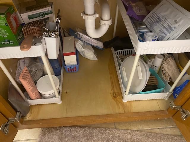 Sevenblue 2 Pack Under Sink Organizer, Under Bathroom Cabinet Organizer with Hooks Hanging Cup, Multi-Purpose Storage Shelf for Kitchen Bathroom, Black customer photo 2