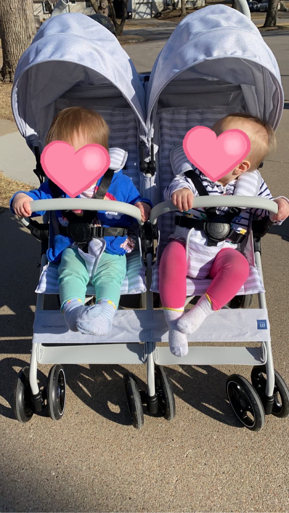 GAP babyGap Classic Side-by-Side Double Stroller - Lightweight Double Stroller with Recline, Extendable Sun Visors & Compact Fold - Made with Sustainable Materials, Navy Camo customer photo 2