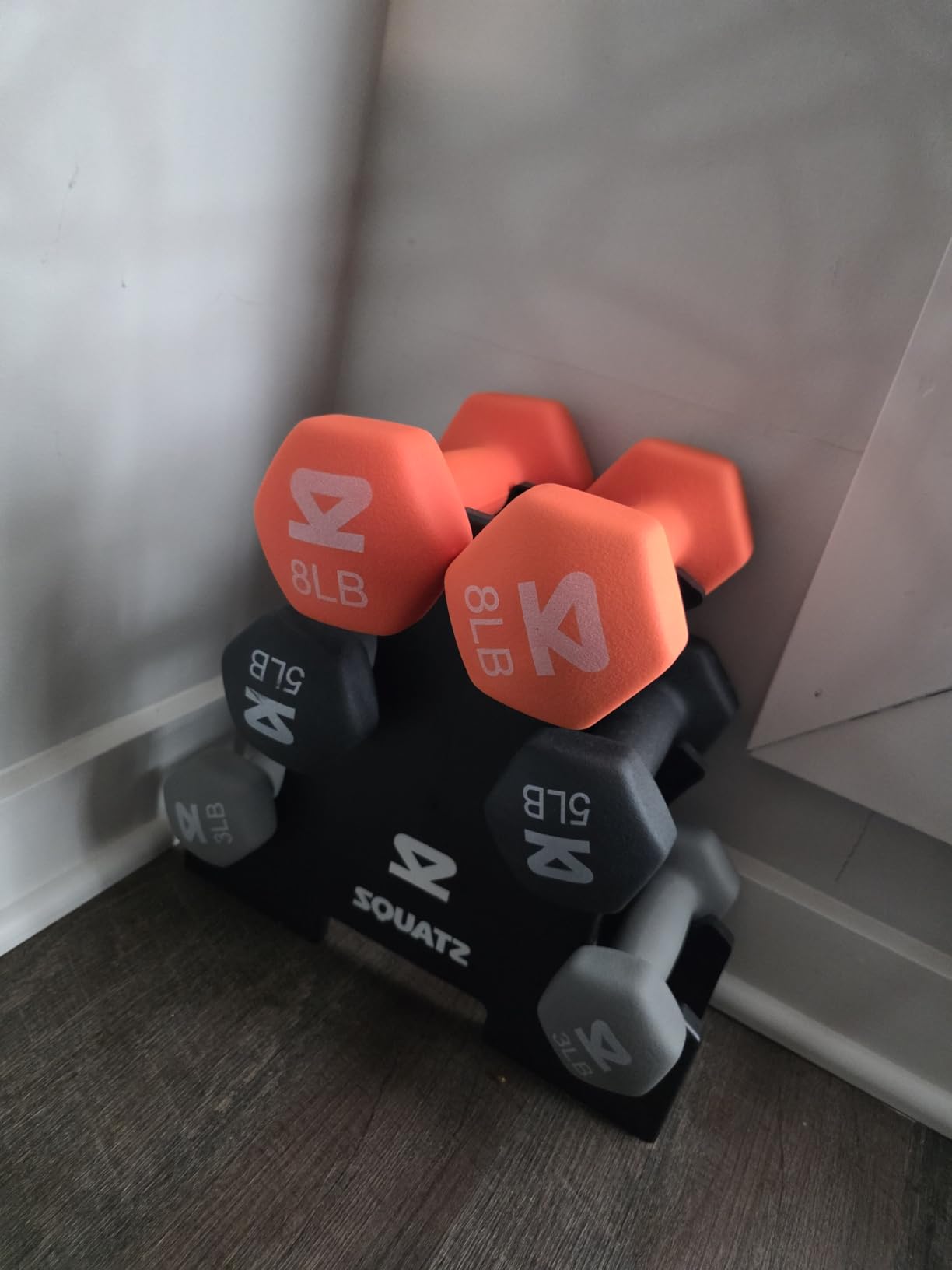 SQUATZ Dumbbell Weights Set with Stand, 32lbs Neoprene Coated Weights in Color Gray, Black, and Orange, Hex Shape Anti Slip and Roll Dumbbells for Exercise, Training, Fitness, Yoga customer photo 1