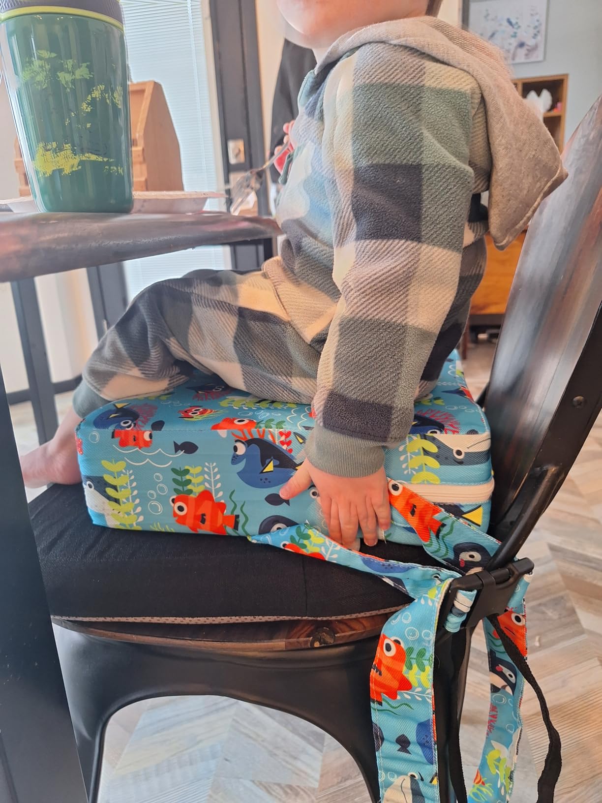 Toddler Booster Seat for Dining Table,4 Inches Washable Double Safer Straps Non-Slip Bottom Booster Seat for Kids, Portable Travel High Density Sponge Detachable Increasing Cushion for Child customer photo 2