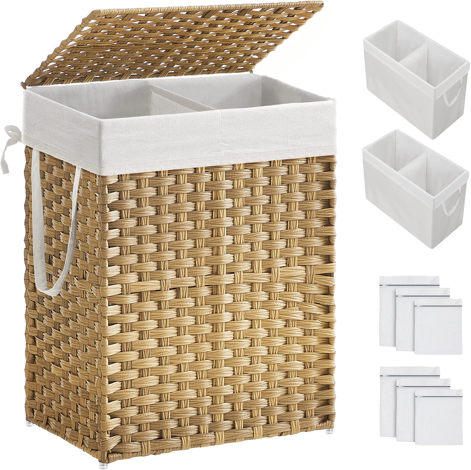 SONGMICS Laundry Hamper with Lid, 90L Clothes Hamper with 2 Removable Liner Bags, 6 Mesh Bags, Wicker Laundry Basket, Double Laundry Hamper for Bathroom, 13 x 18.1 x 23.6 Inches, Natural ULCB251N01V1 customer photo 1