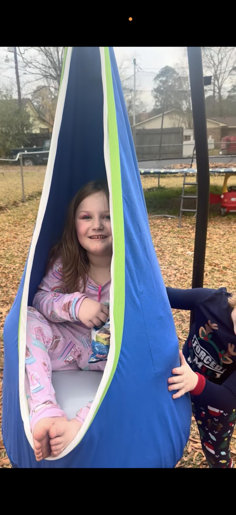 Light Up Kids Pod Swing Seat, Upgraded Kids Hanging Hammock Swing with LED Lights, Cotton Sensory Pod Swing Chair with Inflatable Pillow (Blue) customer photo 1
