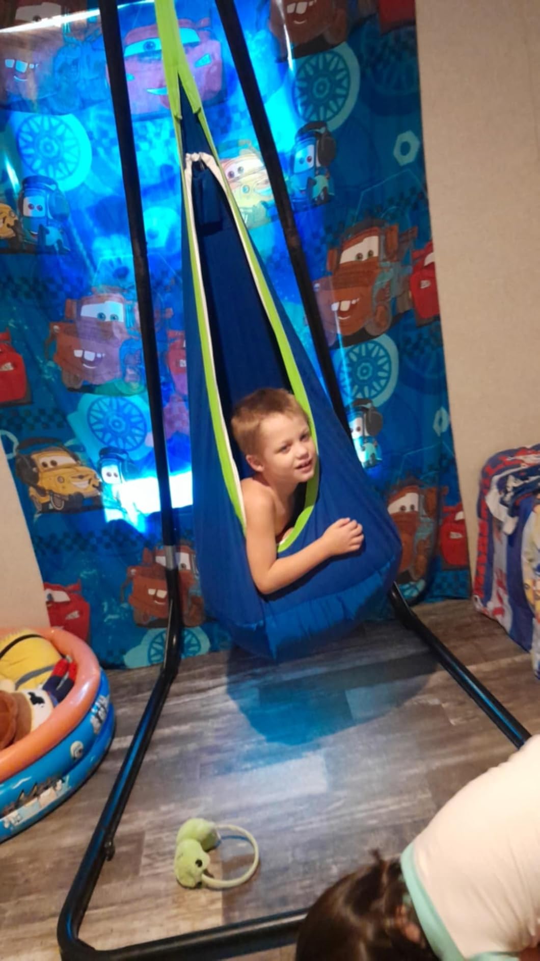 Light Up Kids Pod Swing Seat, Upgraded Kids Hanging Hammock Swing with LED Lights, Cotton Sensory Pod Swing Chair with Inflatable Pillow (Blue) customer photo 2