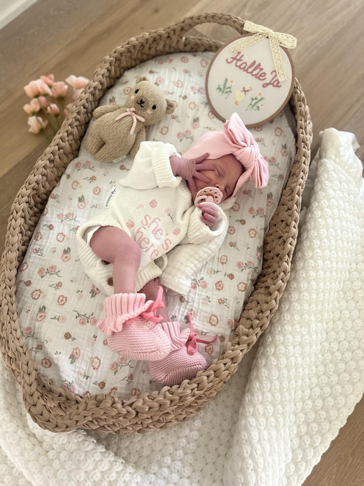 Handmade Baby Changing Basket Set with a Soft Changing Pad and Waterproof Cover, Diaper Organizer, Rattle Shaker, Moses Basket, Changing Table Topper for Dresser | Boho Bassinet, Handmade Crochet Basket customer photo 1