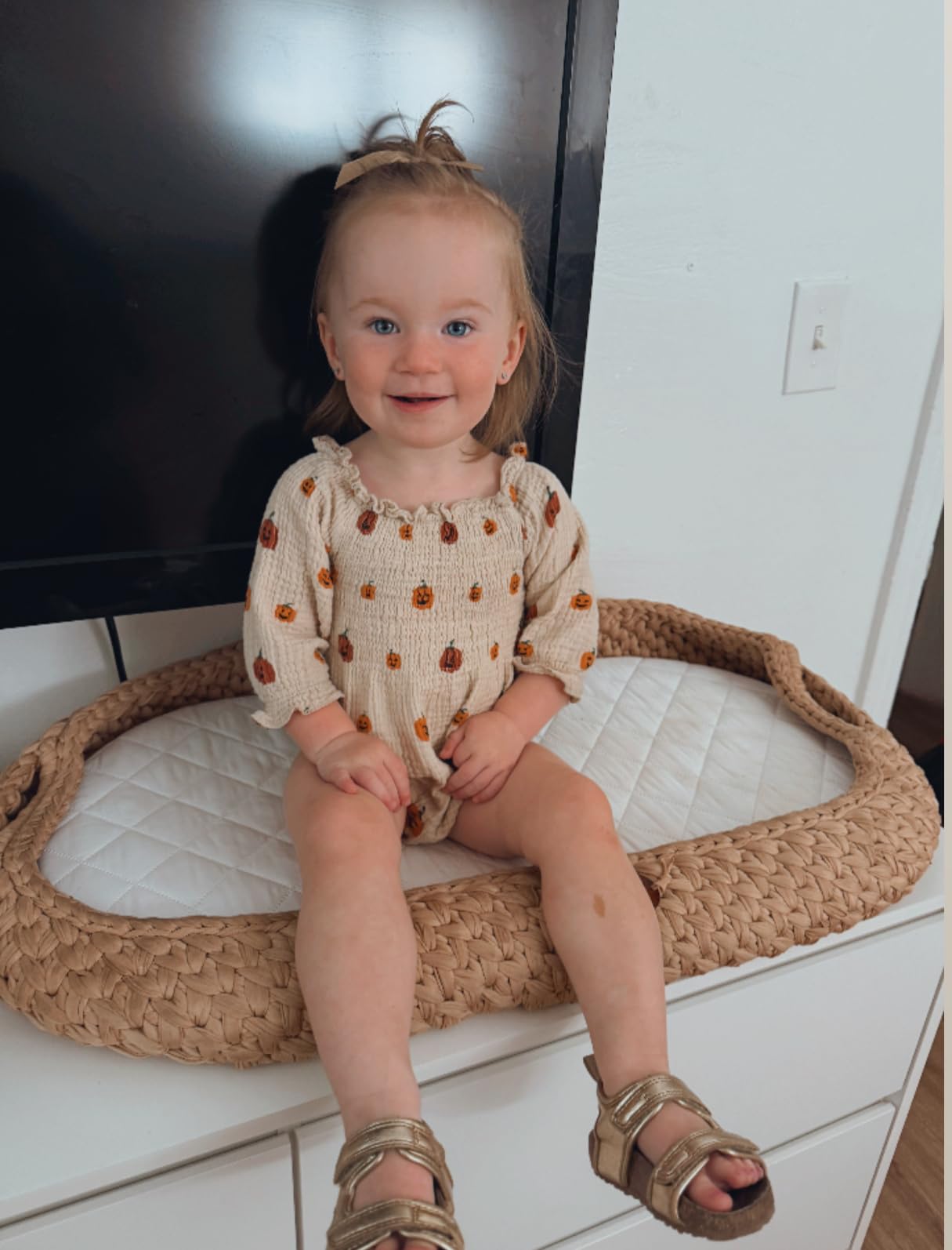 Handmade Baby Changing Basket Set with a Soft Changing Pad and Waterproof Cover, Diaper Organizer, Rattle Shaker, Moses Basket, Changing Table Topper for Dresser | Boho Bassinet, Handmade Crochet Basket customer photo 2