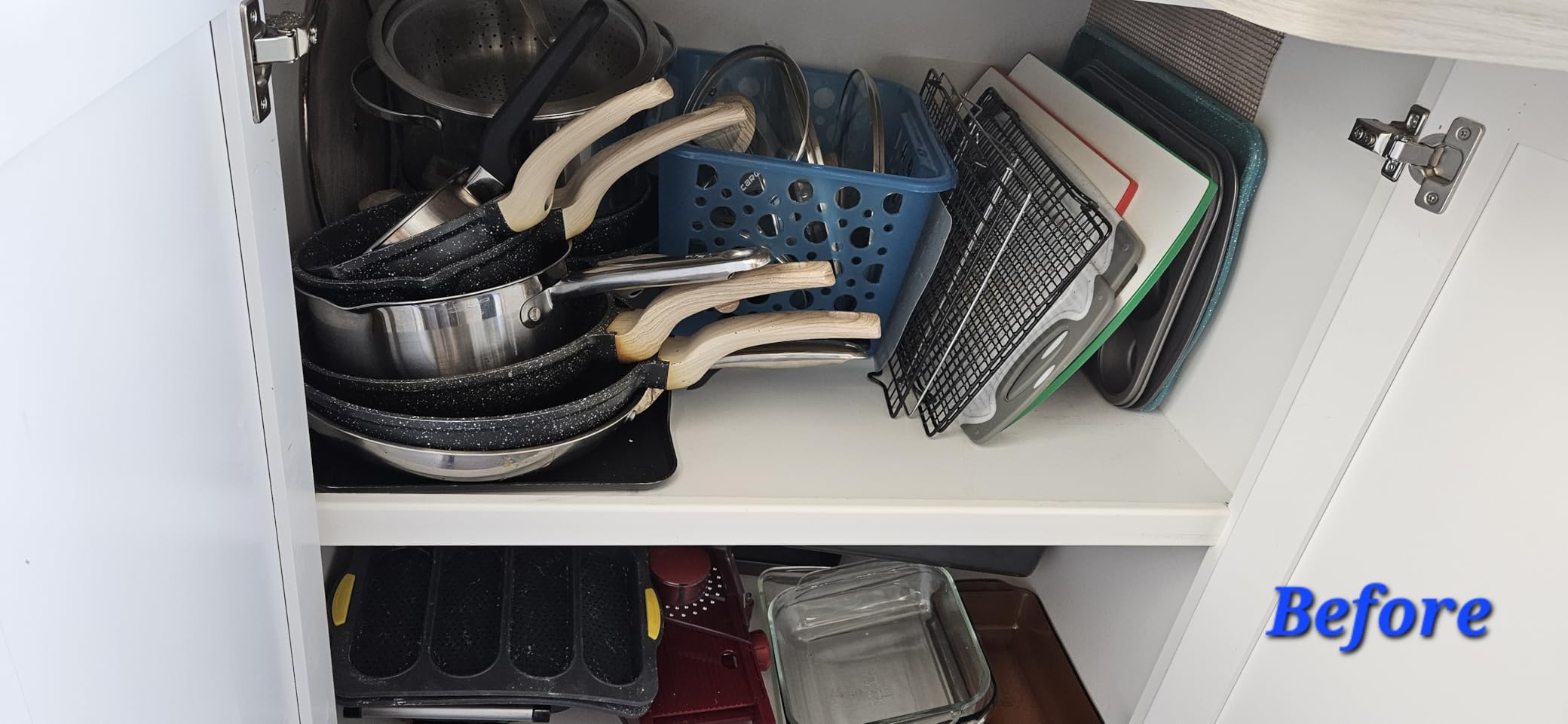MUDEELA Pots and Pans Organizer Rack for under Cabinet, Expandable 11.81''-22.85'' Pot Lid Kitchen Cabinet Organizer Holder with 10 Adjustable Compartment Cutting Board Organizer for Pan Lid, Bakeware customer photo 2