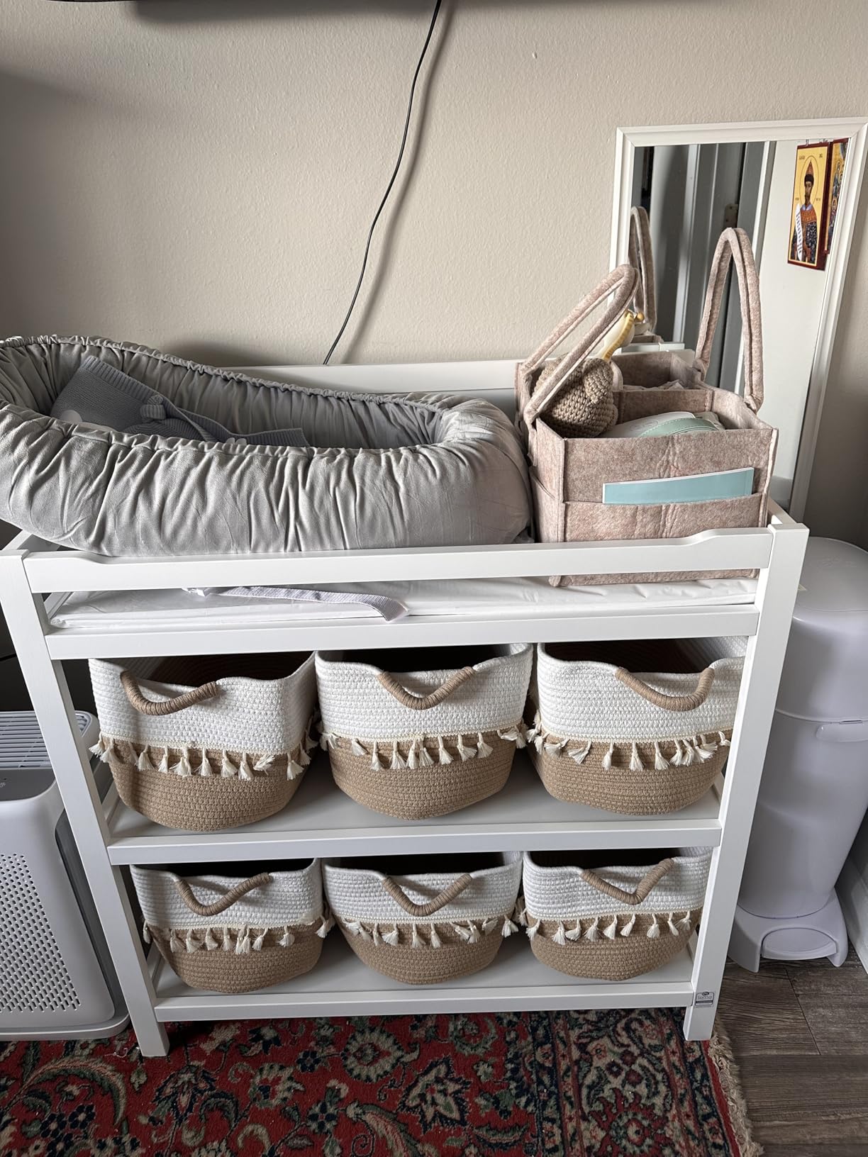 TeoKJ Woven Storage Bin Set of 3, Cotton Rope Basket for Storage, Clothes Boho Basket Bin for Organizing, Fabric Basket for Books, Plants, Pet Treats, White & Jute customer photo 1