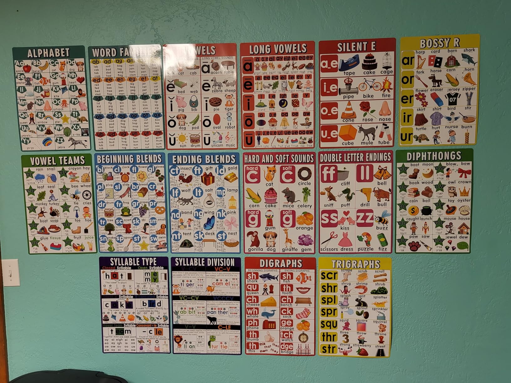 16 English Phonics Posters Language Arts Charts for Kids Toddler Learning Vowels Posters, Phonics Poster for Classroom, Digraphs and Blends Poster, Sound Wall Phonics Chart, Boho Classroom customer photo 2