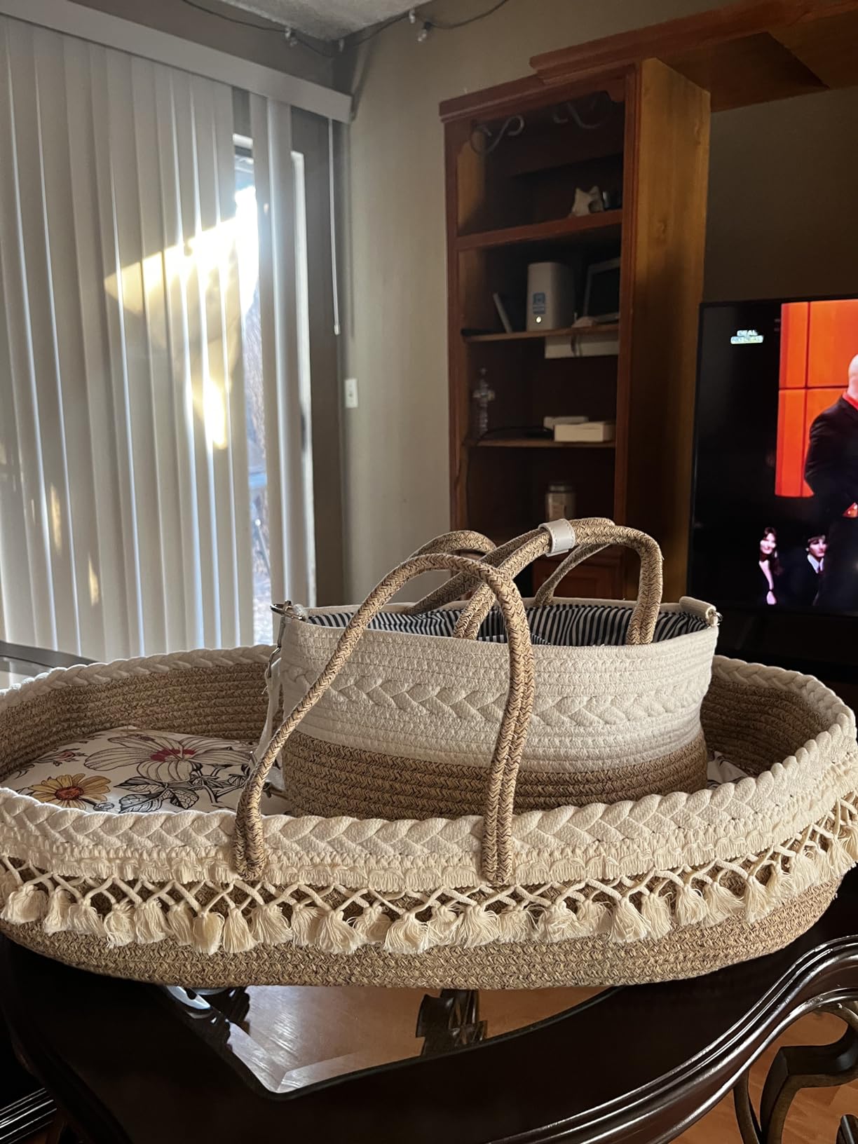 Baby Changing Basket Set with Diaper Caddy Organizer Macrame Boho Moses Basket for Babies, Handmade 100% Cotton Rope, Woven Portable Nursery Decor Waterprint Pad & Floral Pad customer photo 1