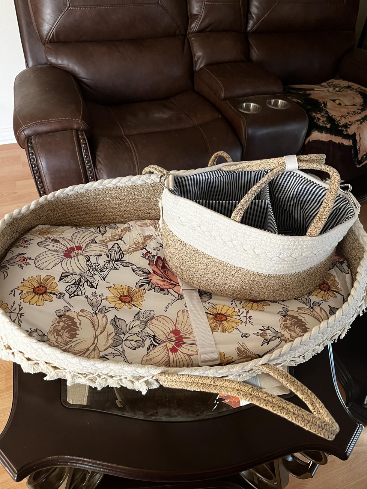 Baby Changing Basket Set with Diaper Caddy Organizer Macrame Boho Moses Basket for Babies, Handmade 100% Cotton Rope, Woven Portable Nursery Decor Waterprint Pad & Floral Pad customer photo 2