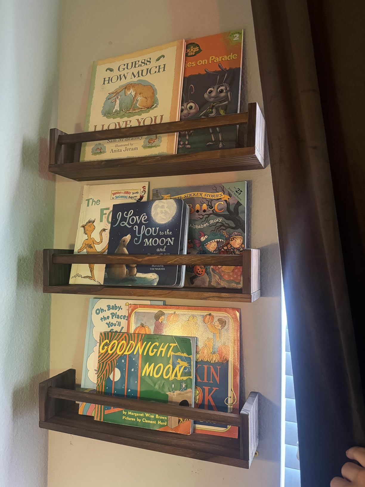 Fixwal Nursery Shelves, 16.5 Inch Floating Bookshelves for Wall Set of 3, Baby Nursery Decor, Solid Wood Wall Mounted Shelves for Books (Natural Wood) customer photo 1