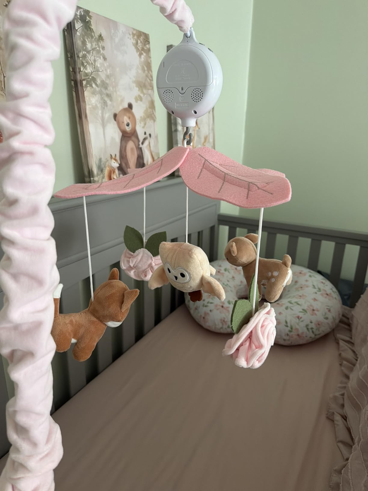 The Peanutshell Crib Mobile for Girls - Pink and White Musical Baby Crib Mobile with 12 Lullabies, Forest Baby Little Forest Nursery Decor customer photo 1