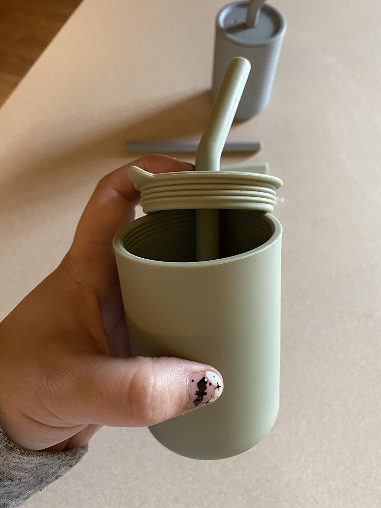 Silicone Kids Smoothie Cups with Straws and Lids, (2 Pack), Non Plastic, BPA-Free, Unbreakable, Smell Proof, for Kids and Toddlers 3-5 years, 12oz Rose Pink, Stone Grey customer photo 2