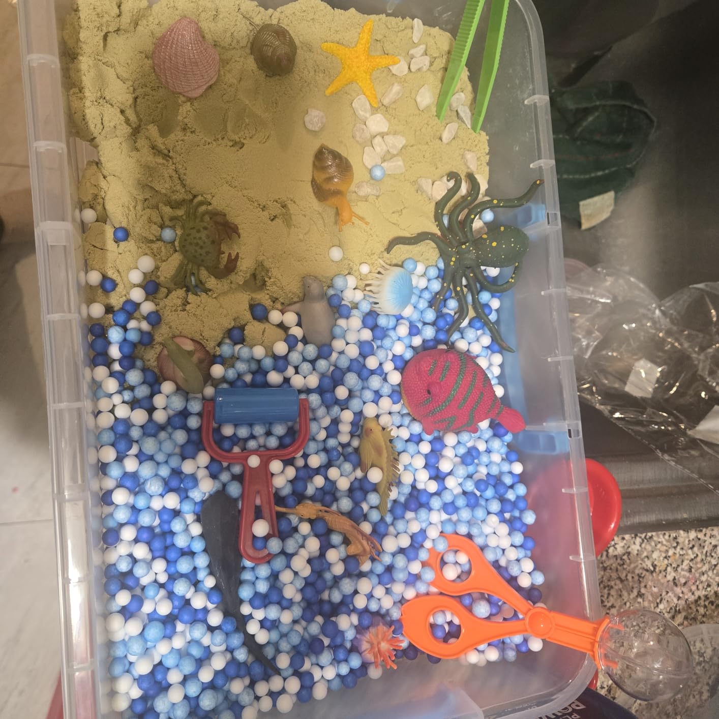 Ocean&Sand Sensory Bin with Lid, 42 Pcs Sensory Sand Kit with Sea Animals for Kids, Preschool Learning Activities Tools Box, Birthday Christmas Gifts for Boys Girls, Outdoor Sandbox Toys for Toddlers customer photo 1