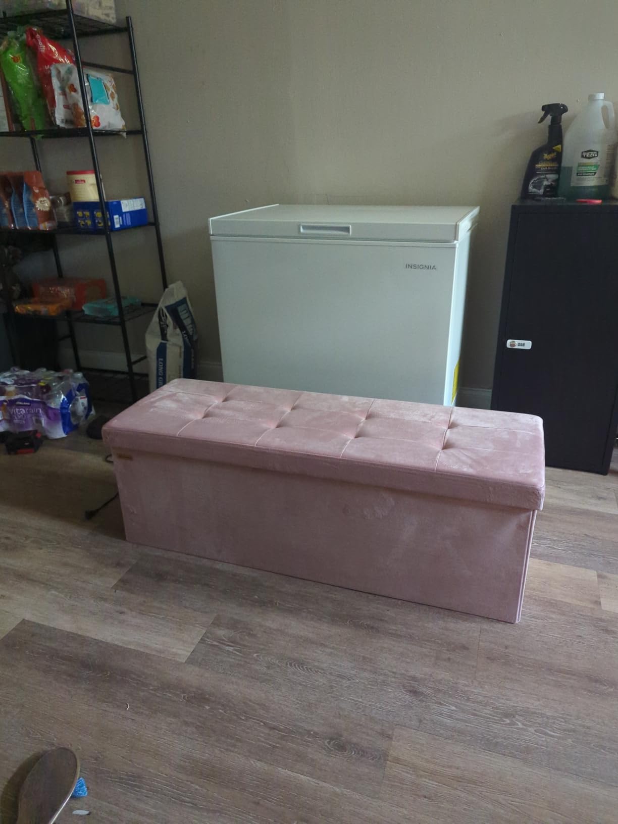 SONGMICS Mazie Collection - Storage Ottoman Bench, Foldable Foot Rest, 15 x 43 x 15 Inches, End of Bed Bench, Storage Chest, Load 660 lb, Living Room, Bedroom, Entryway, Jelly Pink ULSF277R01 customer photo 1