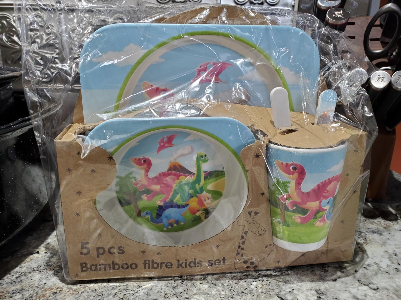 Qshare Bamboo Toddler Dinnerware Set,5Pcs Baby Plates and Bowls,Bamboo Kids Plates and Bowls Set,Kids Dishes Dinnerware Sets with Plate,Bowl,Cup,Fork and Spoon (Tyrannosaurus) customer photo 1