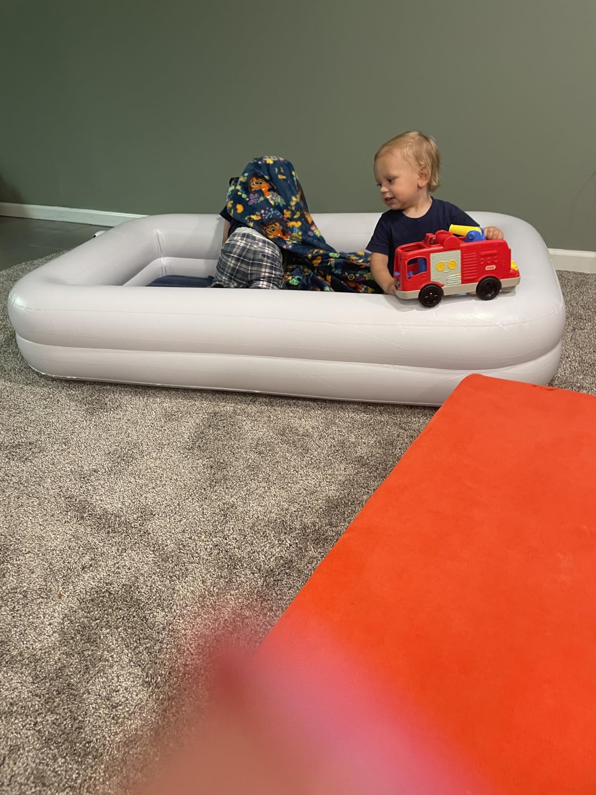 USHMA Toddler Travel Bed [4-Side] | Reversible 2 Colors Kids Air Mattress | Inflatable Toddler Bed | Portable Kids Blow Up Travel Bed with Sides, Red & Green customer photo 1