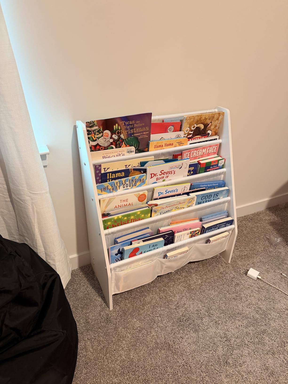 SEIRIONE Sturdy Kids Bookshelf, 4-Tier Book Shelf for Kids Room with Oxford Fabric-Nursery Room Playroom Classroom, Deep Slings to Keep Books Upright, Ideal Height for Toddler Age 3+, Matte White customer photo 1