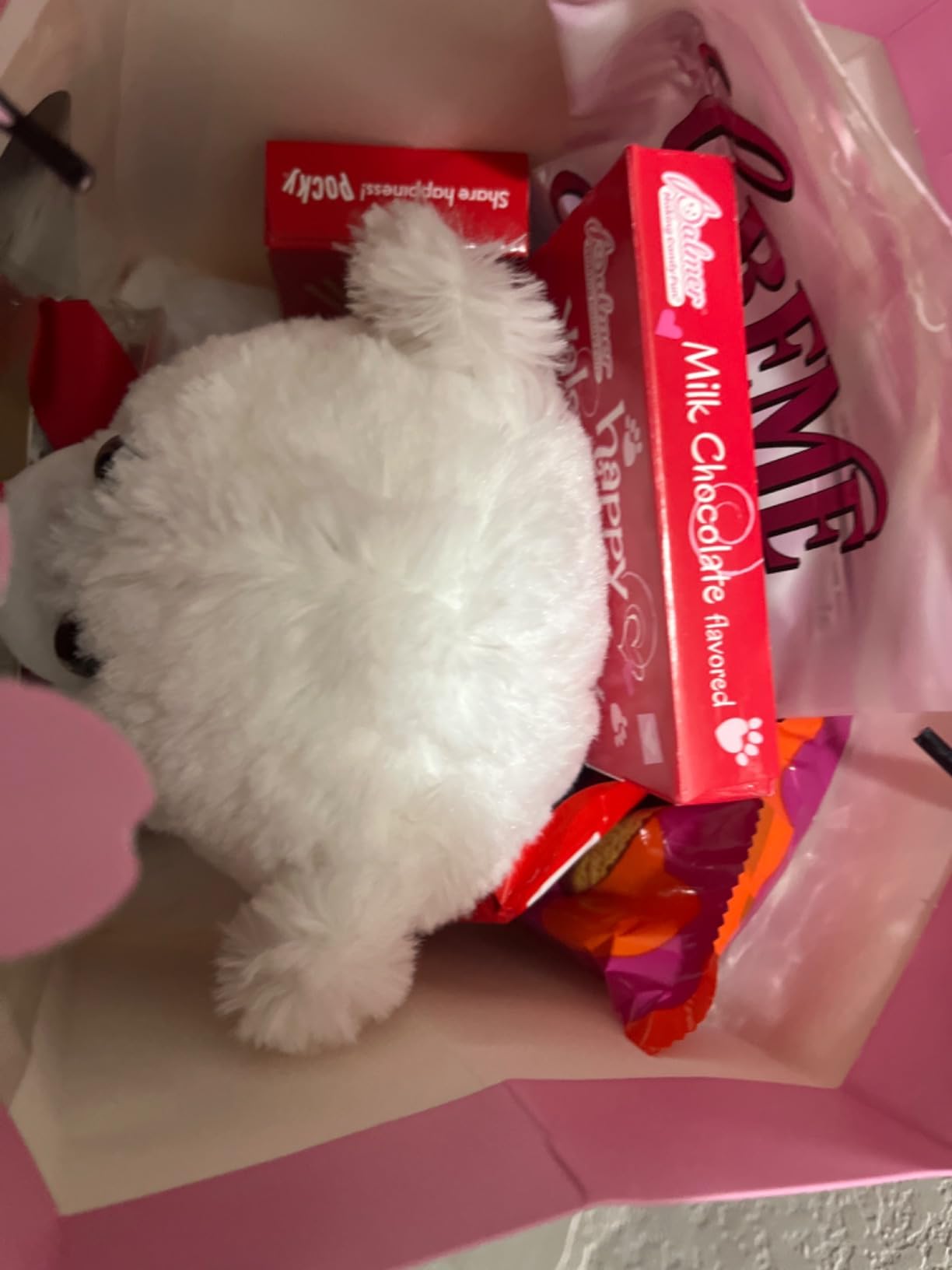 Valentines Day Gift Basket Set | Teddy Bear Plush (RED OR WHITE), Elmer Heart Chocolate, Milk Chocolate Bar, Kit Kat Chocolate Bar, Glico Pocky Chocolate Sticks, Creme Savers Candy, Resees Chocolate Peanut Butter Hearts, V - Day Card, & V-Day Gift Bag ( Design Varies) For Kids Her Him Wife Friend Girlfriend customer photo 1