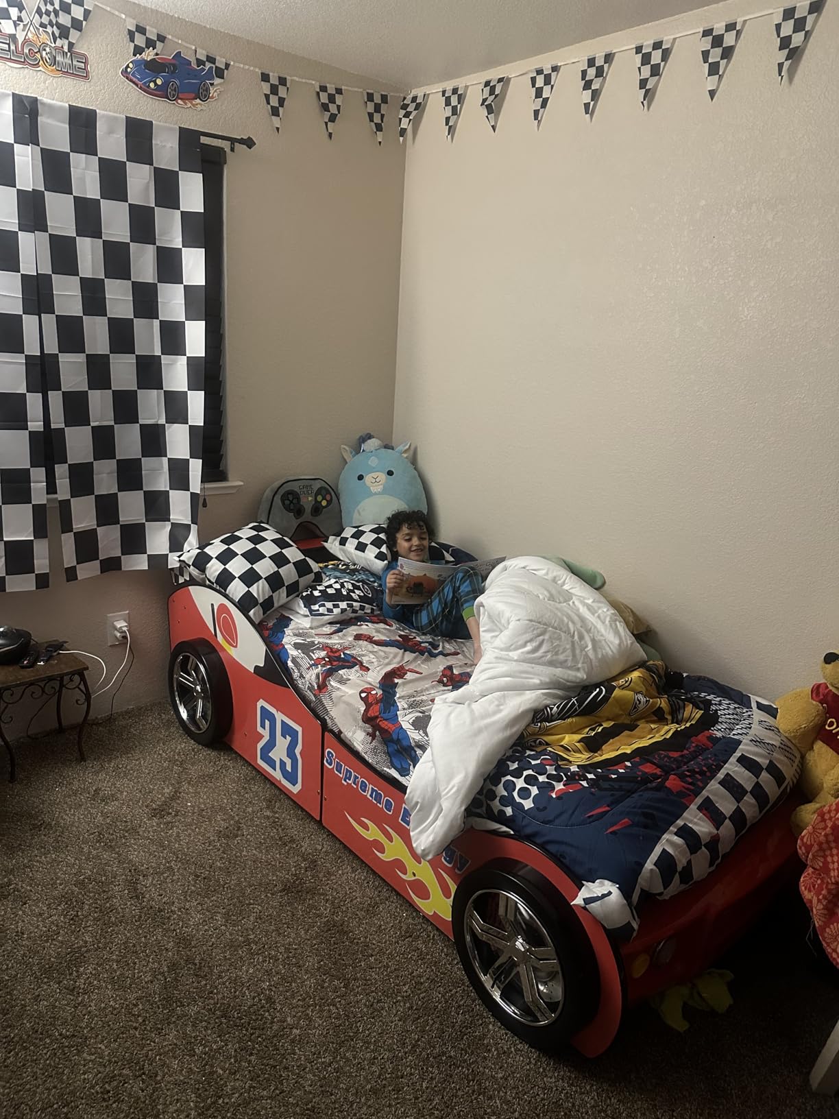 Twin Bed Frames for Kids, Wood Race Car-Shaped Bed Frame Platform with Wheels LED Lights & Slat Support customer photo 1