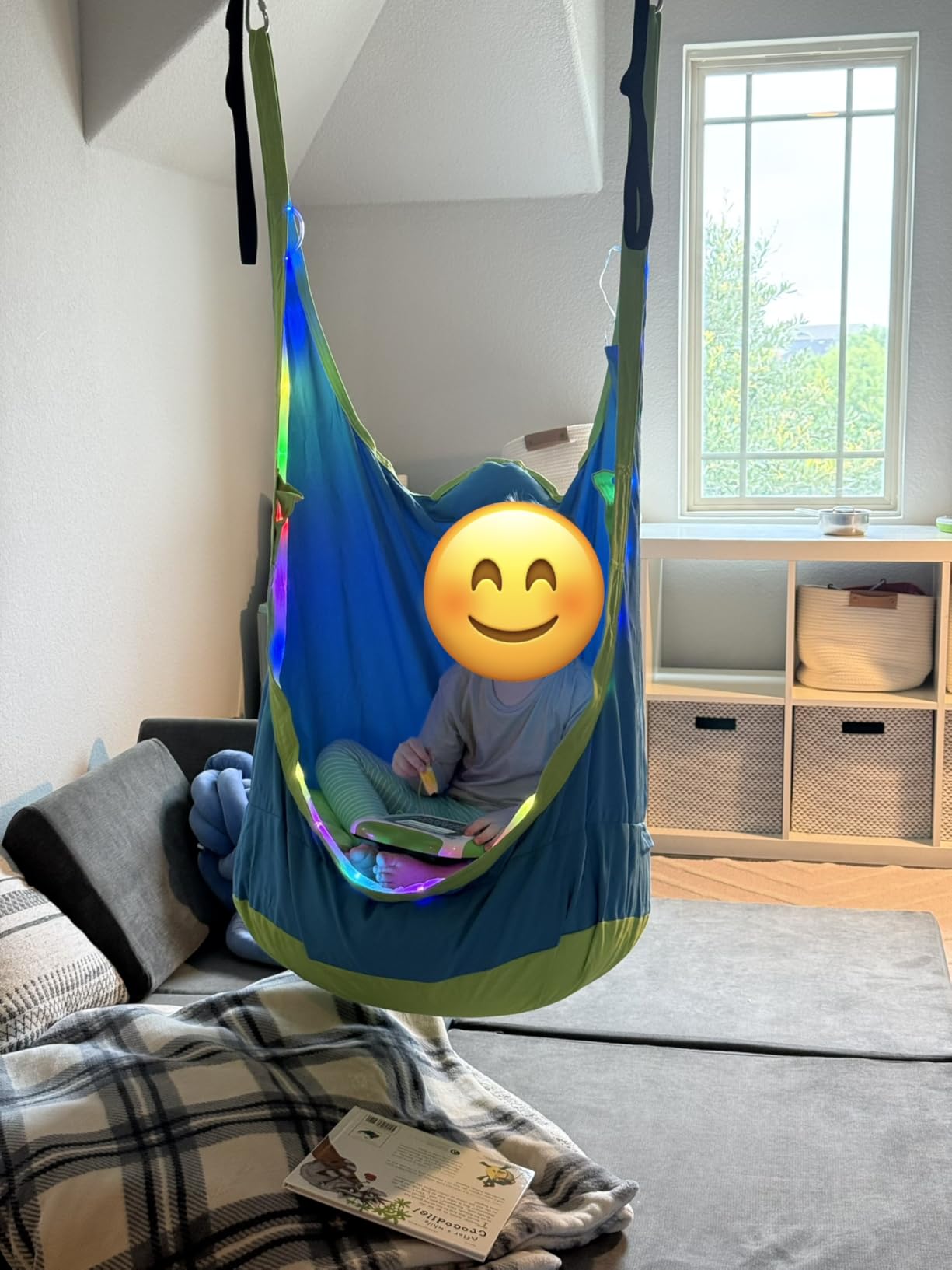 Upgraded Kids Pod Swing Chair, Child Hanging Hammock Chair with LED Lights, 900D Oxford Cloth Pod Swing Seat for Indoor and Outdoor with All Accessories (Blue) customer photo 1