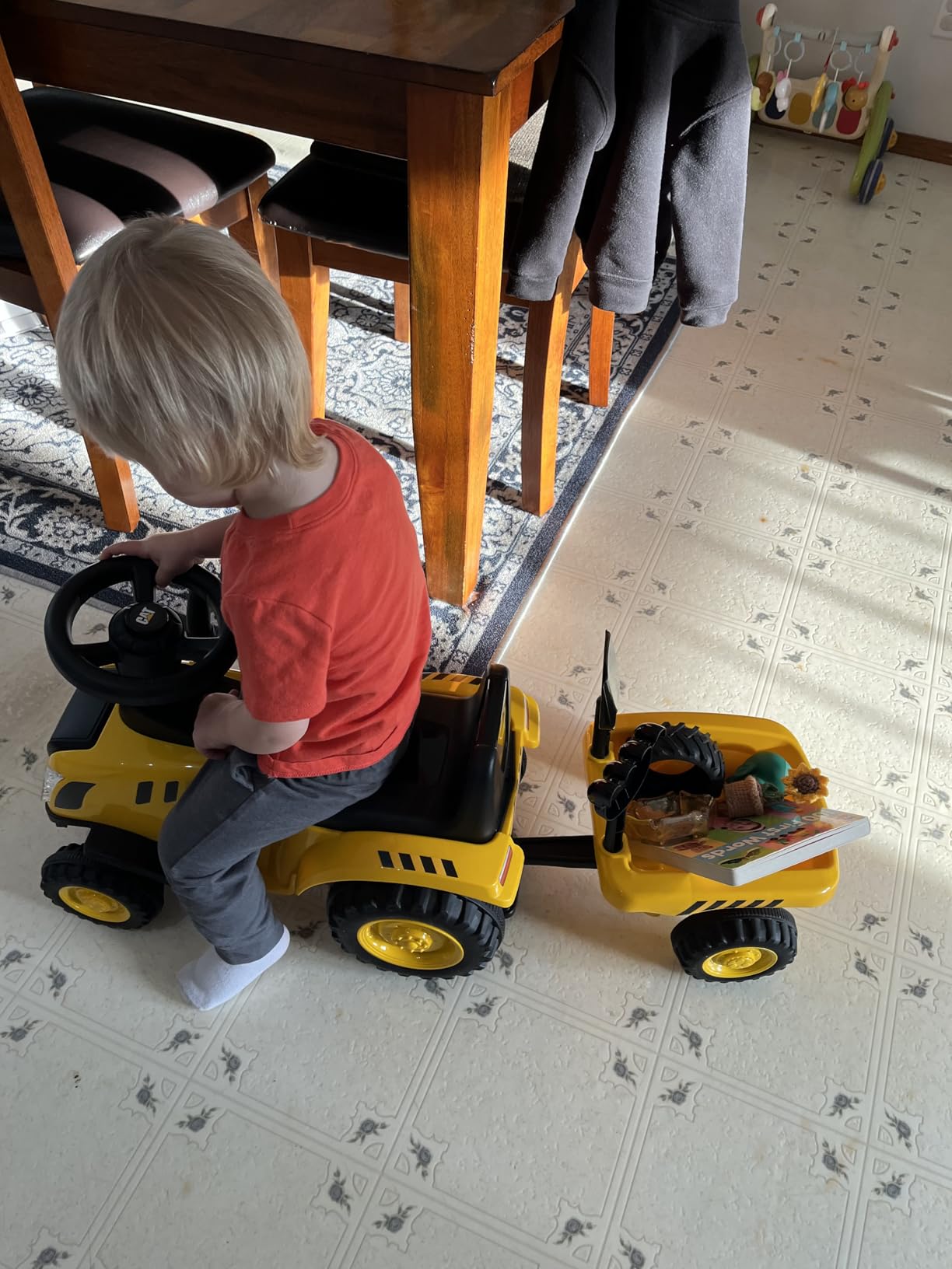 Licensed Caterpillar Ride on Tractor by OLAKIDS, 2 in 1 Ride on Push Car with Detachable Trailer, Headlight, Horn, Rake, Shovel, Foot to Floor Walker Toy for Kids Toddler customer photo 1