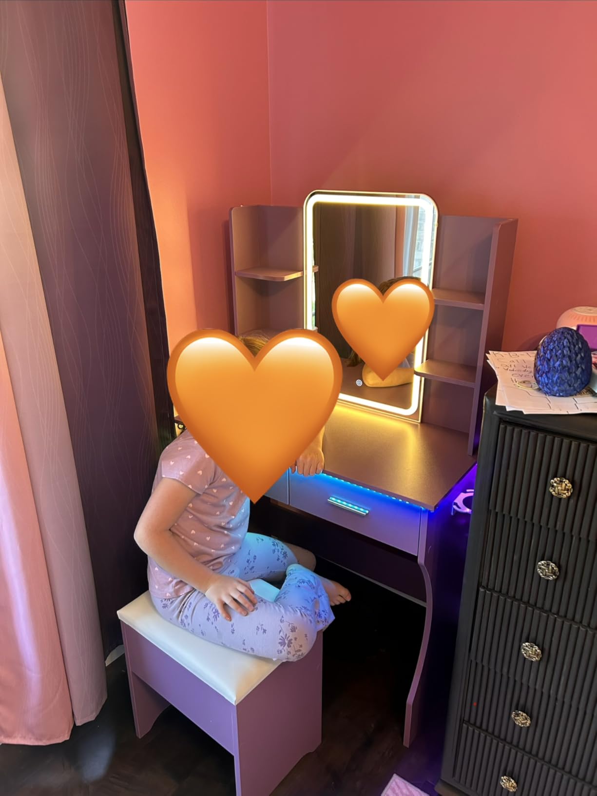Vanity Desk with LED Lights Mirror & Power Outlet, Small Makeup Vanity Table Set with Storage Drawers & Chair, 3 Lighting Modes & Adjustable Brightness, Dressing Table for Women Girls Bedroom, White customer photo 2