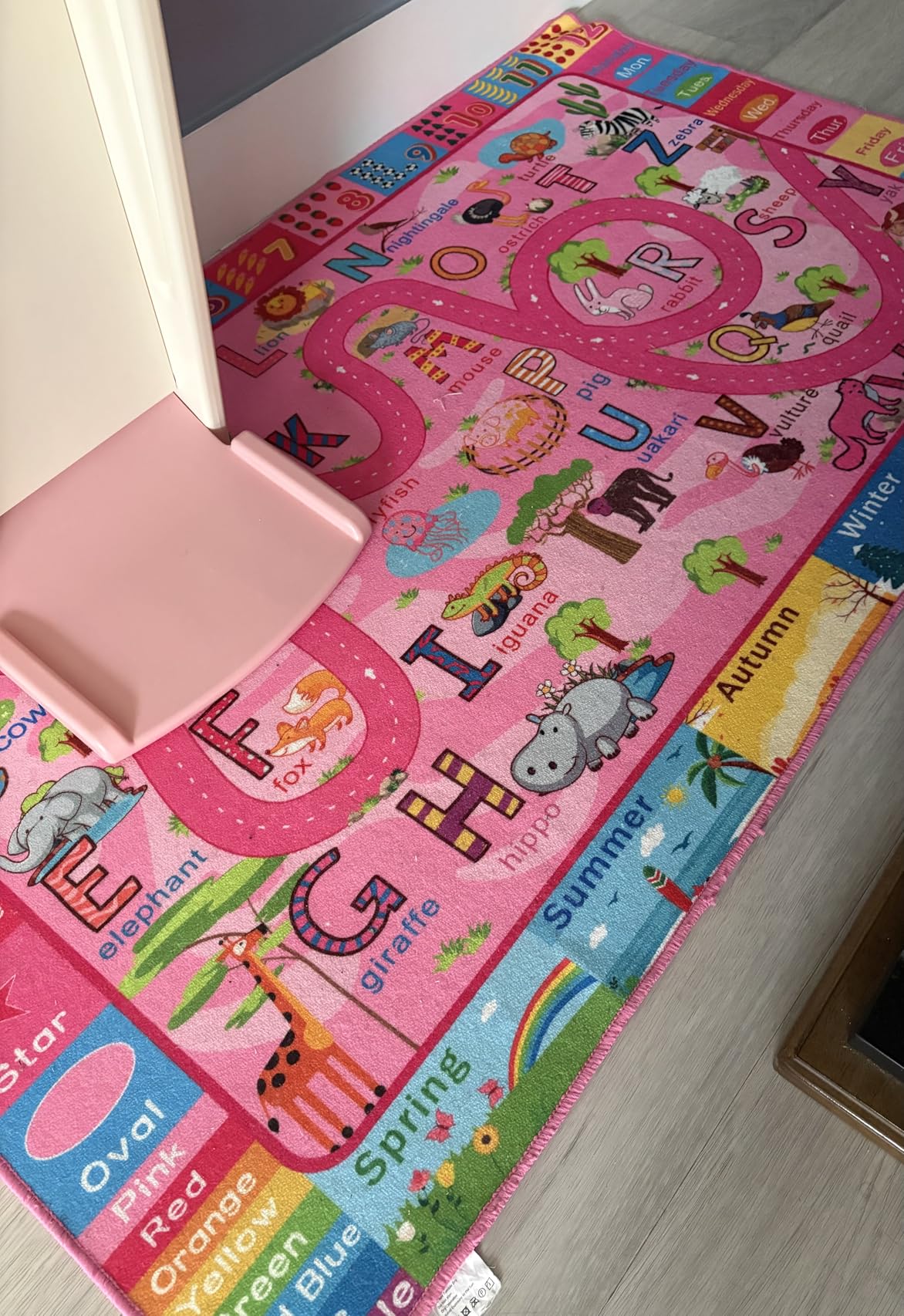 Terrug Kids Rug for Playroom, Educational Classroom Rug for Kids Room, Washable Nursery Rugs Non Slip Playroom Rugs Play Mat for Learning ABC Carpet, Numbers, Animal, Colors, Season, 4X6 Feet, Pink customer photo 2