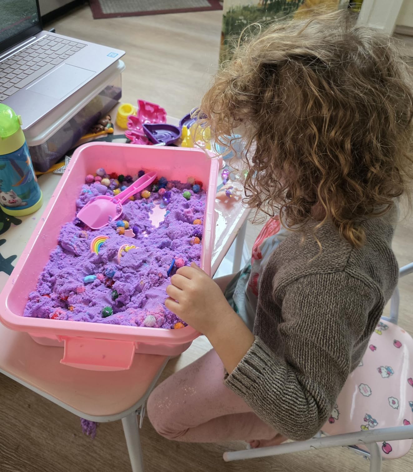 Unicorn Sensory Bin for Girl, 148pcs Play Sand Art Kit with Sandbox, 3.3lb Color Sand, Unicorn Tactile Sensory Toy for Girl Toddler Ages 3-8 customer photo 1