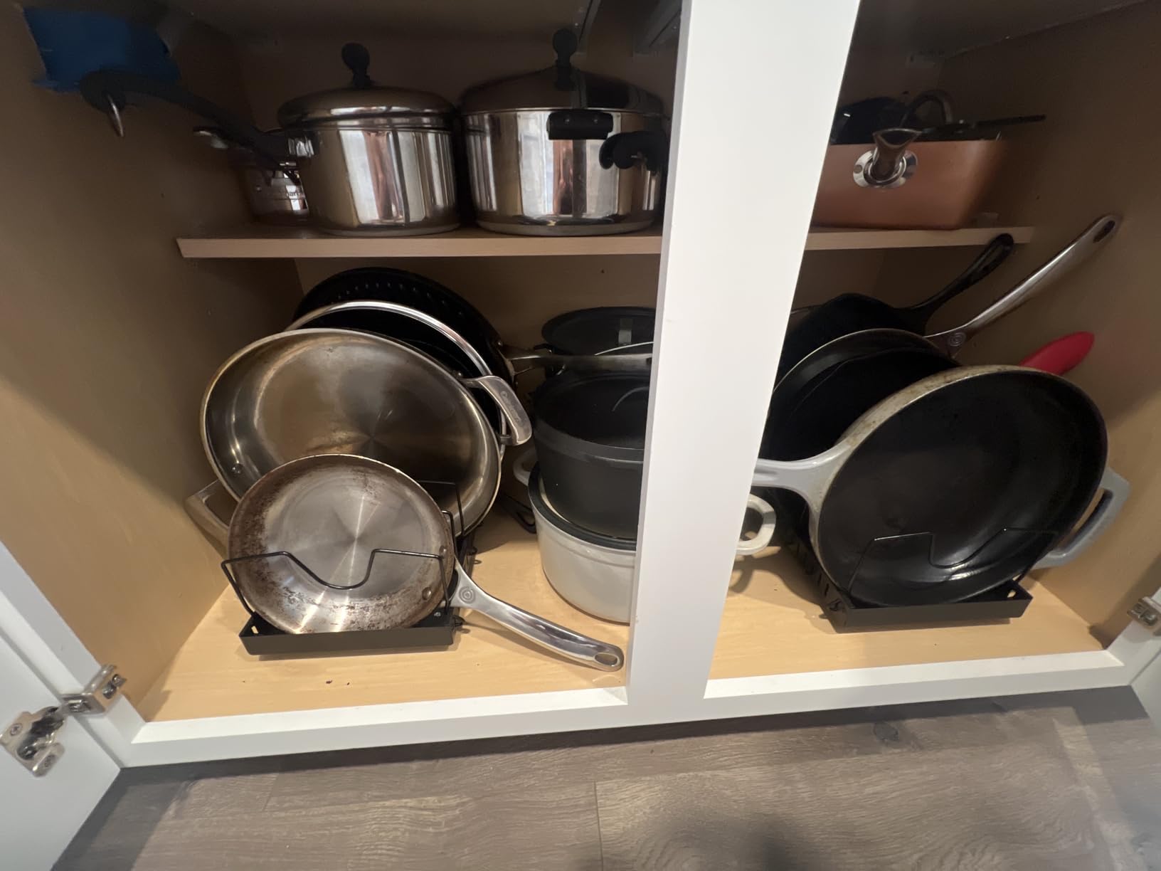 Lozovin Pull Out Pots and Pans Organizer Under Cabinet, Sliding Lid Holder and Pan Rack in Kitchen, Slide Out Inside Cabinet Storage for Pot Lid, Bakeware, Dishes, 8 Adjustable Dividers, 2 Pack Black customer photo 1