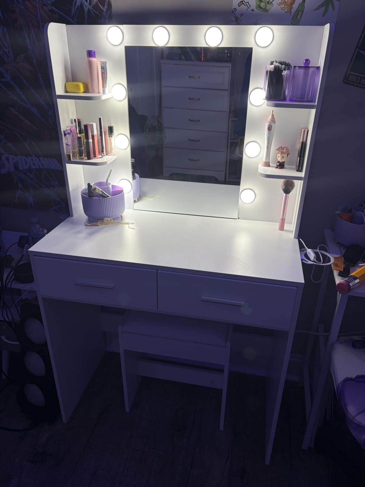 Furmax Make up Vanity Desk with Mirror and Power Outlet, Vanity with 3 Color Light Options Adjustable Brightness, Vanity Desk with 2 Drawers, 6 Storage Shelves (White, with Bench) customer photo 2