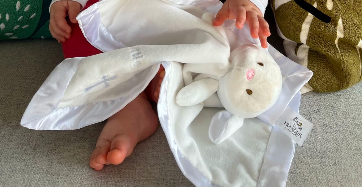 Lamb Lovey, Baptism Gifts for Girl & Boys - Loveys for Babies, Soft Embroidered Baby Blanket with Cross, Baptism Blanket for Newborns & Toddlers, Oeko-TEX Certified,14 inch customer photo 1